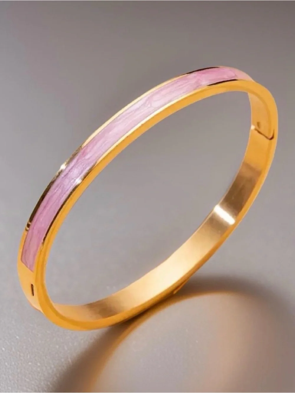 Pink Enamel Gold-Tone Hinged Bangle Bracelet | Minimalist Stackable fashioned
